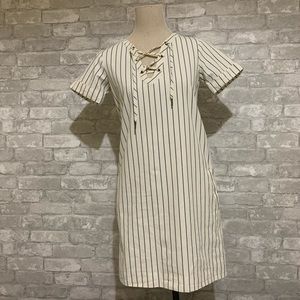 Madewell Sailor Pinstripe White Navy Blue Short Sleeve Dress Lace Up Boat Summer
